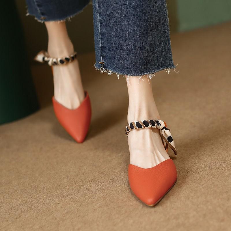 Fashion Baotou Low Heel Shoes Spring New Style Pointed Head Shallow Mouth Leather Metal Buckle Soft Soled Non-slip Sandals