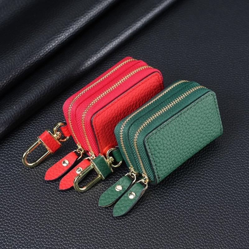 Leather Car Key Fob Case Cover Keychain Zipper Bag Protector Double Layer Pouch