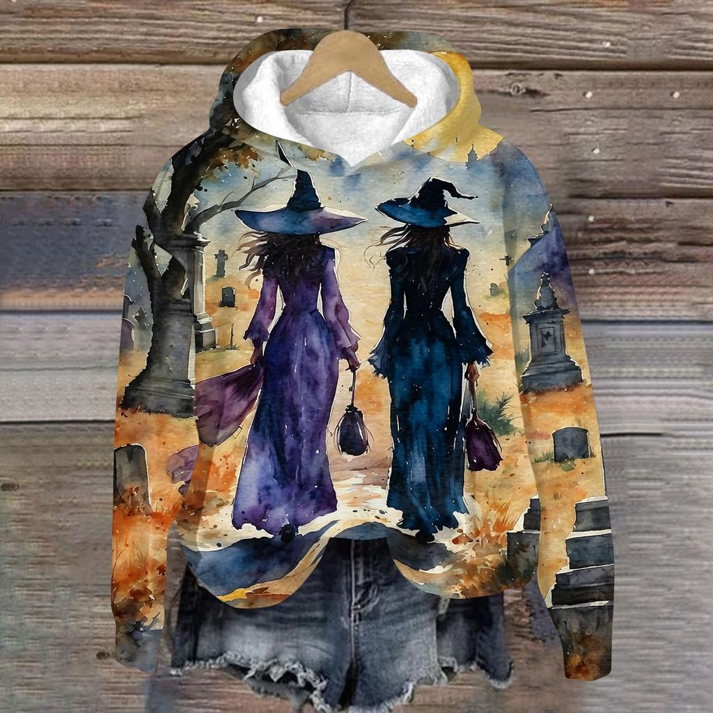 Women's Casual Long Sleeve Halloween Print Hoodie Pullover Sweatshirt