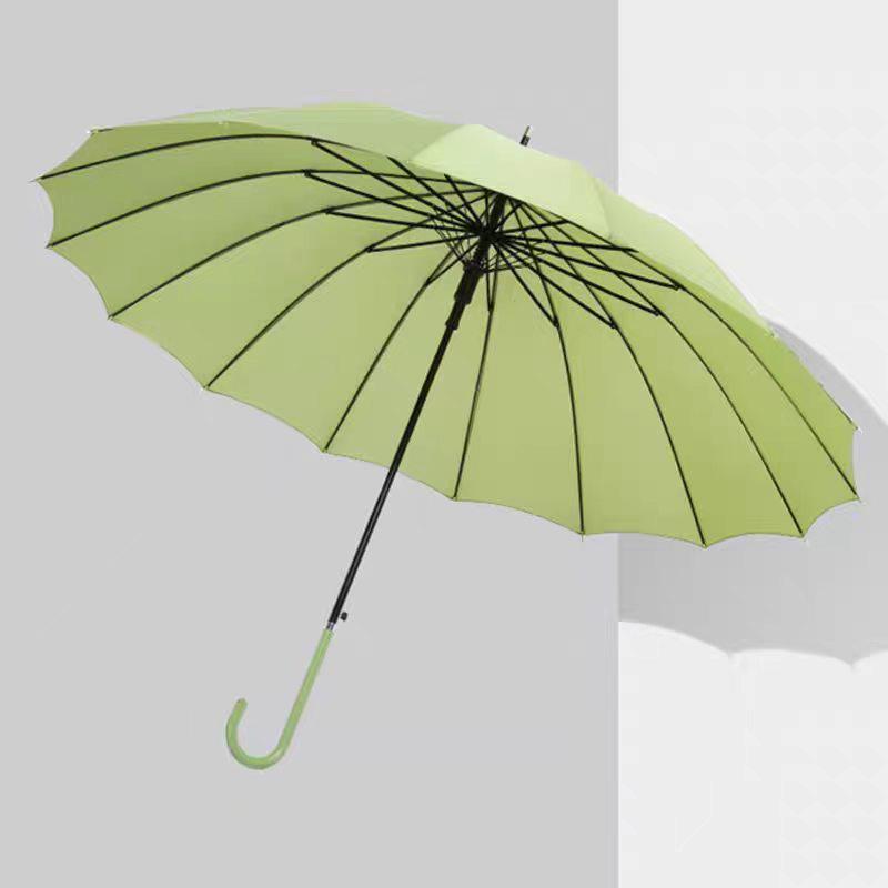 16-Rib Japanese Style Solid Color Umbrella - Automatic Open with Curved Handle, Sun Protection