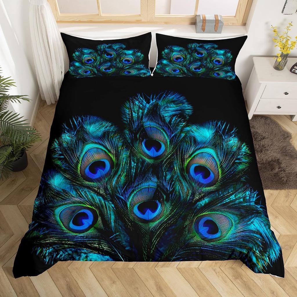 Peacock Feather Duvet Cover Queen Rustic Wildlife Woodland Animal Bedding Set for Boys Girls,Watercolor Peafowl Comforter Cover