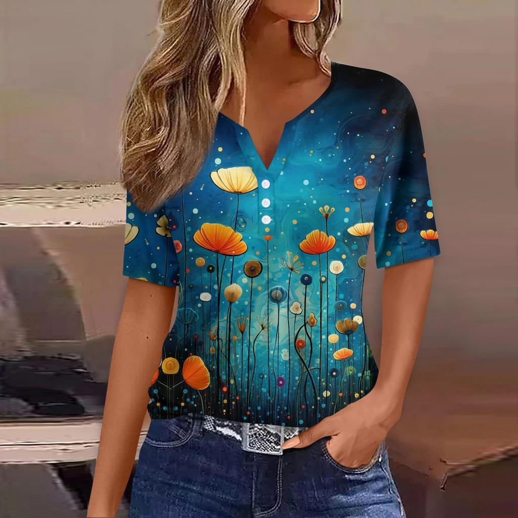Dámské tričko s potiskem, knoflíky, krátký rukáv, denní, víkendová móda, základní V-výstřih, běžný top