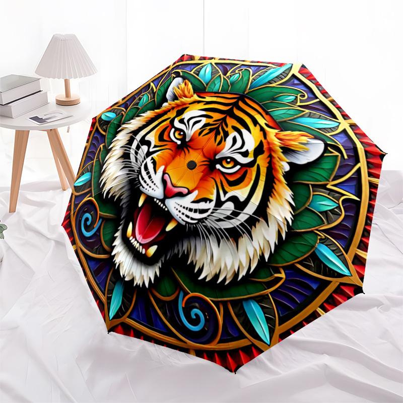 1pc Tiger Mandala Automatic Folding Umbrella, Sturdy And Durable Automatic Folding Umbrella with 8 Ribs, Convenient for Outdoor Use162