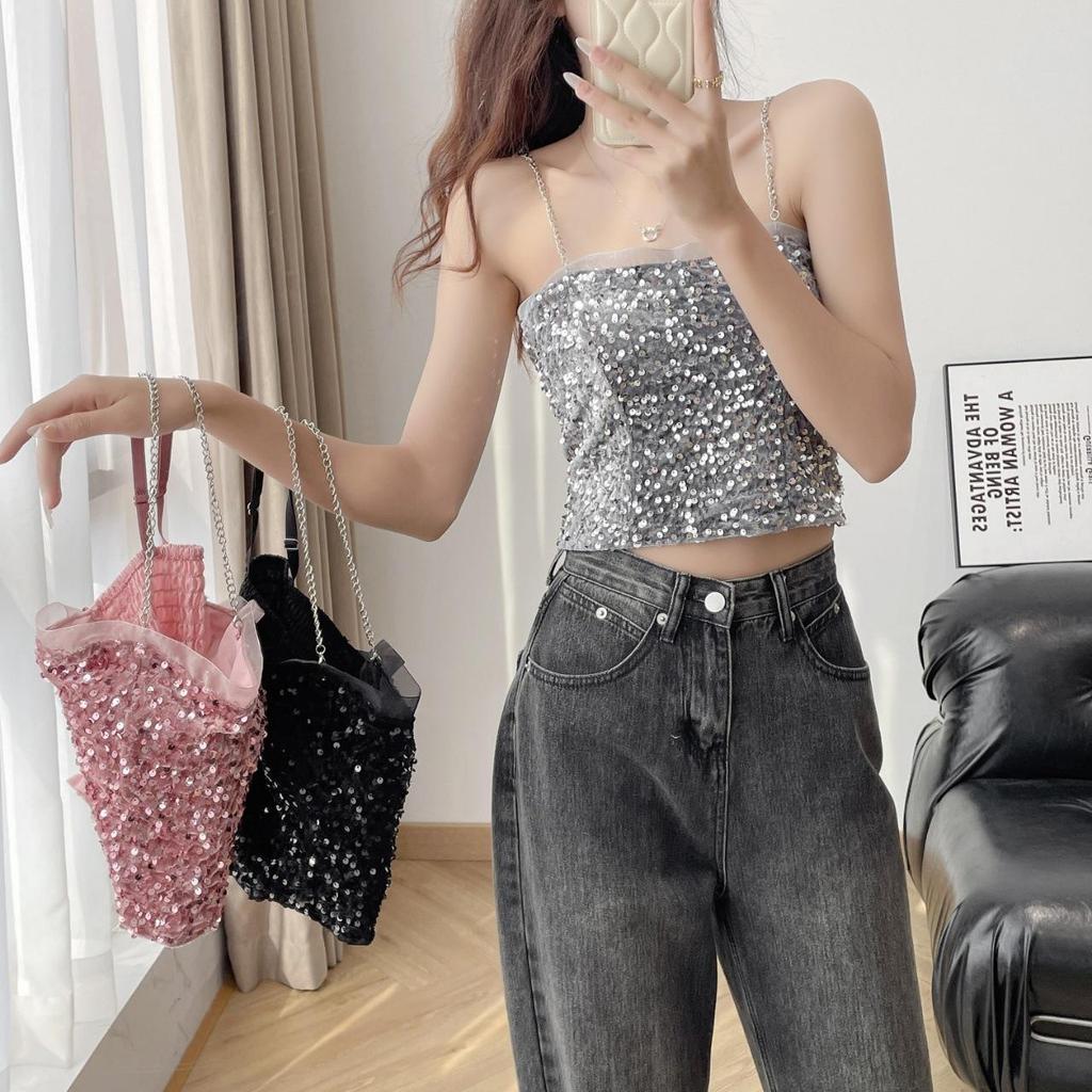Sexy kovové retiazkové tielko Jednofarebné flitrované halterové crop topy Dámske letné tielka Bezchrbtové tielko Módne ležérne rúrkové Dámska bez rukávov skrátená vesta Y2K
