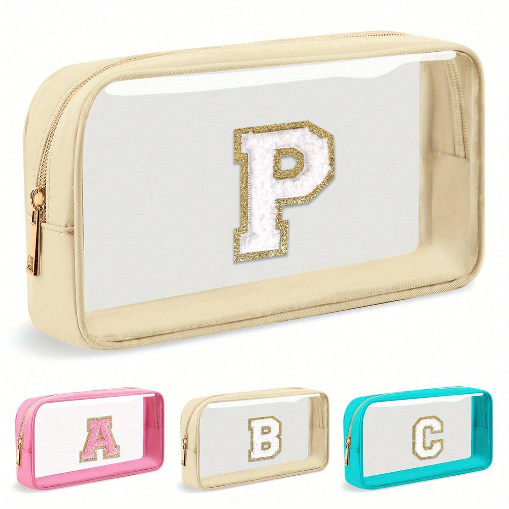 Small Clear Personalized Initial Letter Makeup Bag, A-Z Chenille Patch Preppy Nylon Cosmetic Bag With Zipper, TSA Approved