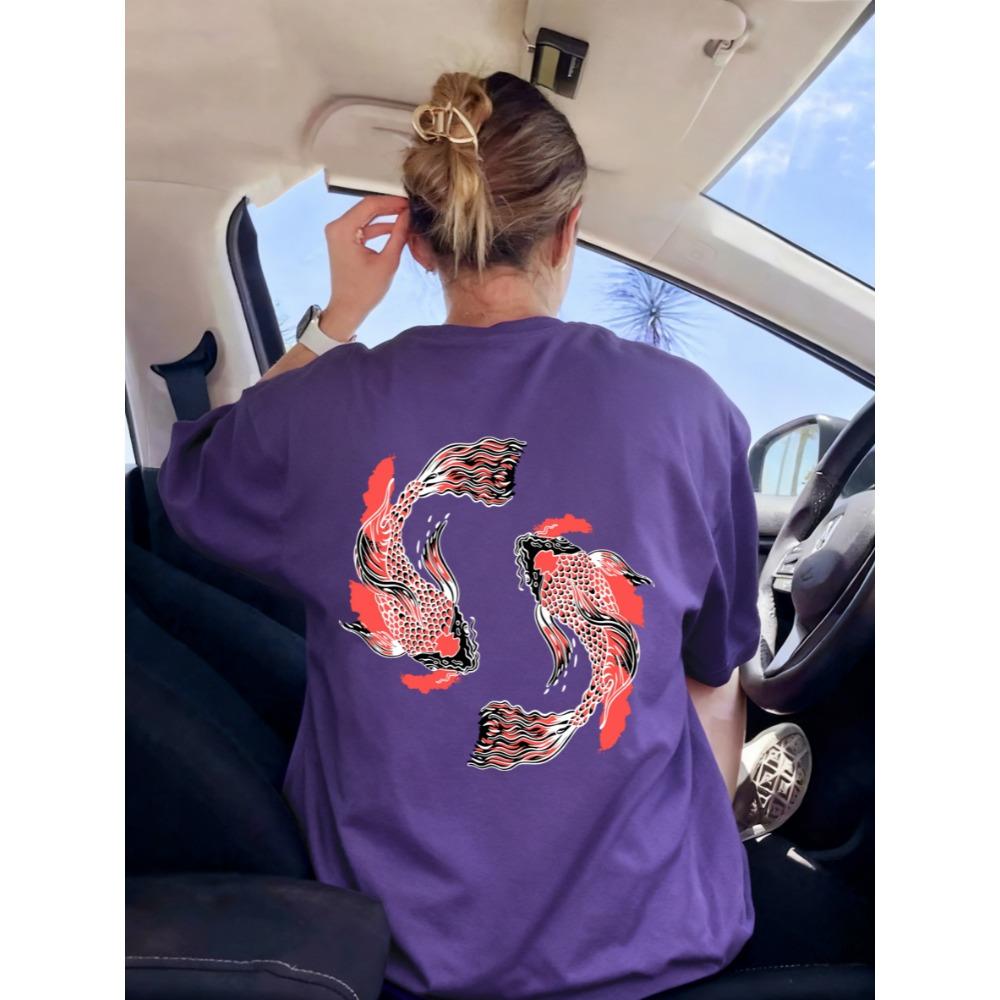 Japanese Harajuku Soaring Koi Print T-Shirt Womens Sport Breathable Short Sleeve Casual O-Neck Streetwear Summer Top