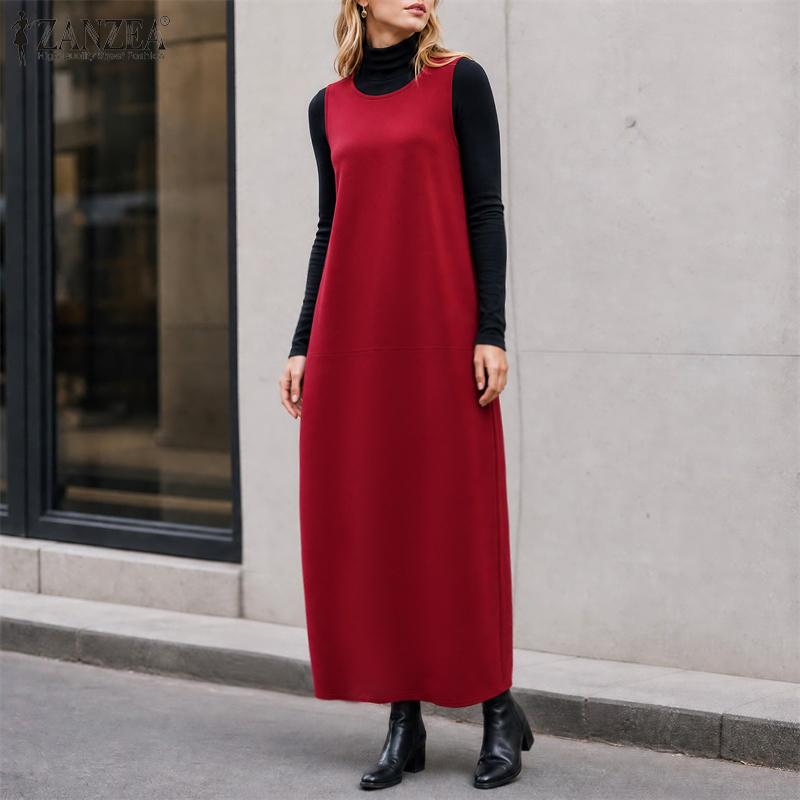 ZANZEA Casual Dames Ronde Hals Mouwloze Losse Lange Jurk met Zakken