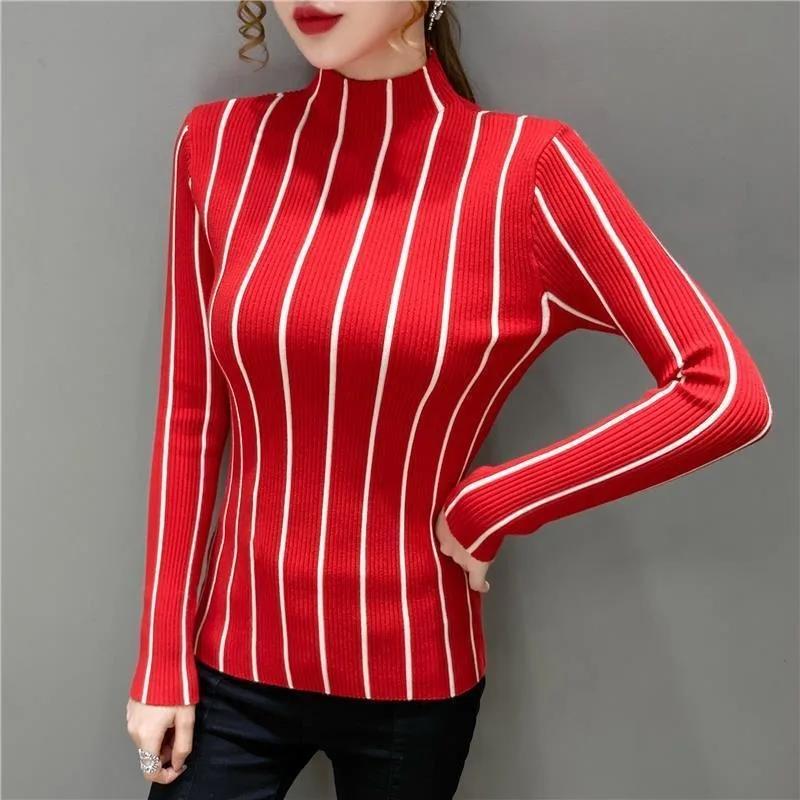 2025 Autumn Winter New Slim Tight Knitted Top Half-high Collar Vertical Striped Base Sweater for Women