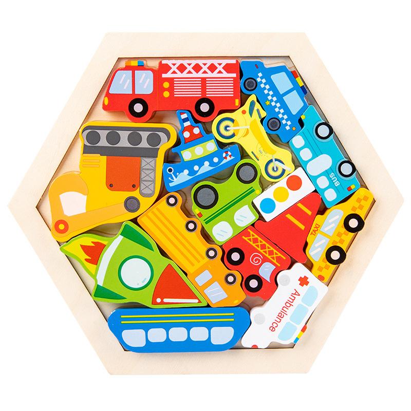 Children's Wooden Three-dimensional Hexagonal Puzzle Animal Traffic Puzzle Building Block Early Education Educational Enlightenment Toy