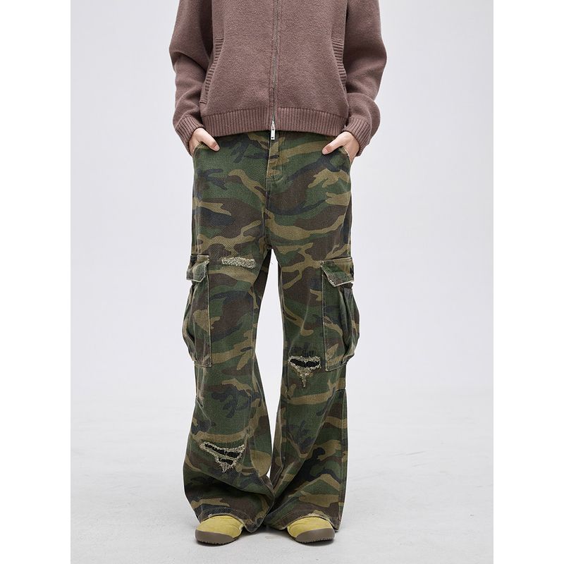 Black of Exit American Street Style Distressed Camouflage Patchwork Straight-Leg Cargo Pants Trendy Casual Pants for Men