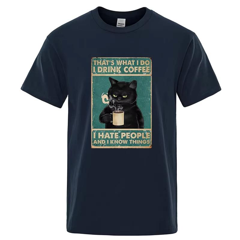 Summer casual cool loose mens Oneck Tshirt mens top mens Tshirt highquality 100 pure cotton fun cat drink coffee print