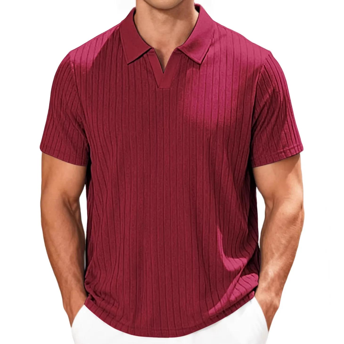 

2026 Mens Summer Striped Short Sleeve Shirt Men Casual Lapel Jacquard Shirts Male Breathable Lightweight Tops Daily Wear XXL вина червоного кольору