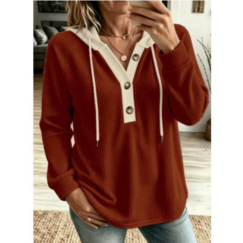 2026 Long Sleeve Hooded Sweatshirt Waffle Knit Button V-Neck Pullover Casual Wear