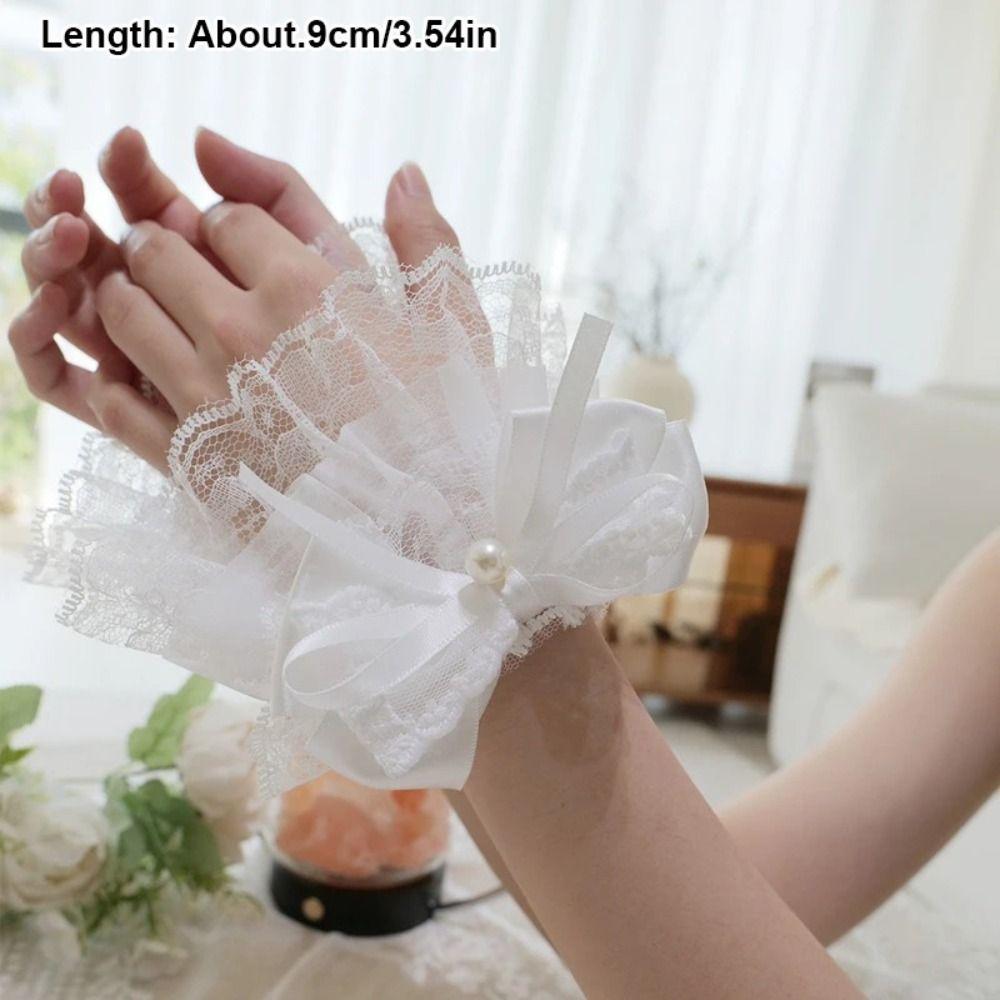 Sweet White Lace Cuff Pearl Bow Detachable Fake Flared Sleeves False Sleeve Cuffs Cosplay Ornament