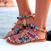 Elegantní Dámské Boho Sandály Gladiator Kožené Ploché Boty S Barevnými Pompony