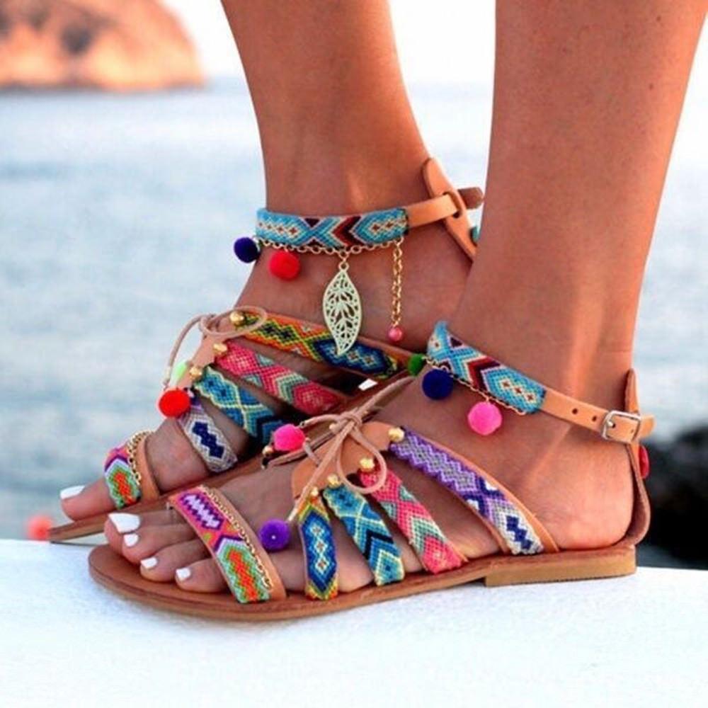 Elegantní Dámské Boho Sandály Gladiator Kožené Ploché Boty S Barevnými Pompony