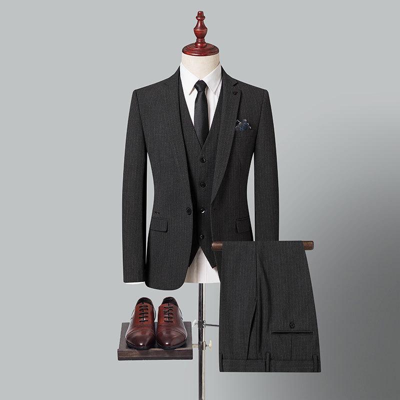 2025 Men's Grey Stripe Slim Fit Embroidered Three-Piece Suit - Korean Style Wedding Best Man Formal Wear