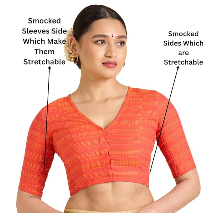 Blouse Saree à Carreaux Madras Manches Courtes en Coton pour Femme avec Côtés Extensibles