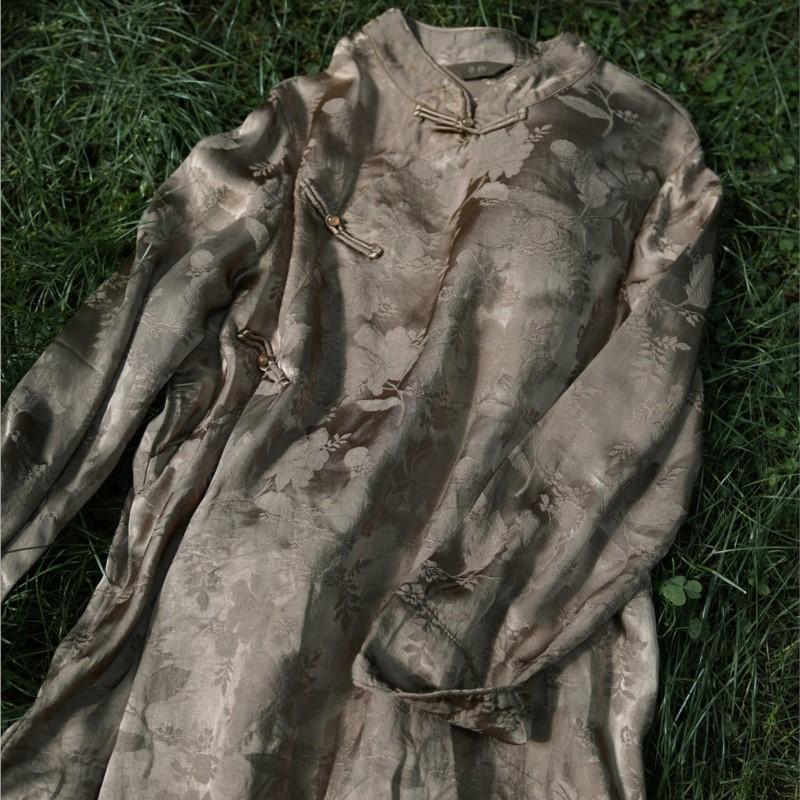 Johnature Women Vintage Stand Long Sleeve Dresses Chinese Style Button Jacquard A-Line Summer High Quality Dress