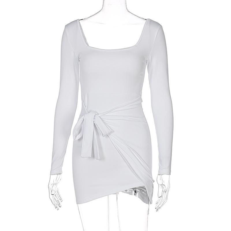 

HI-FASHION Женское мини-платье с квадратным вырезом, облегающее, с длинным рукавом, 2021 Осень, Женское повседневное хлопковое, с открытой спиной, на шнуровке, Сексуальные платья для вечеринок L белый
