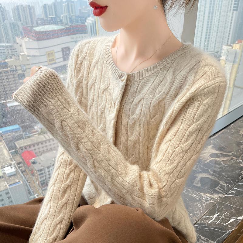 Women's Cashmere Round Neck Cable Knit Cardigan - High-End, Fashionable, Versatile Sweater for Autumn/Winter