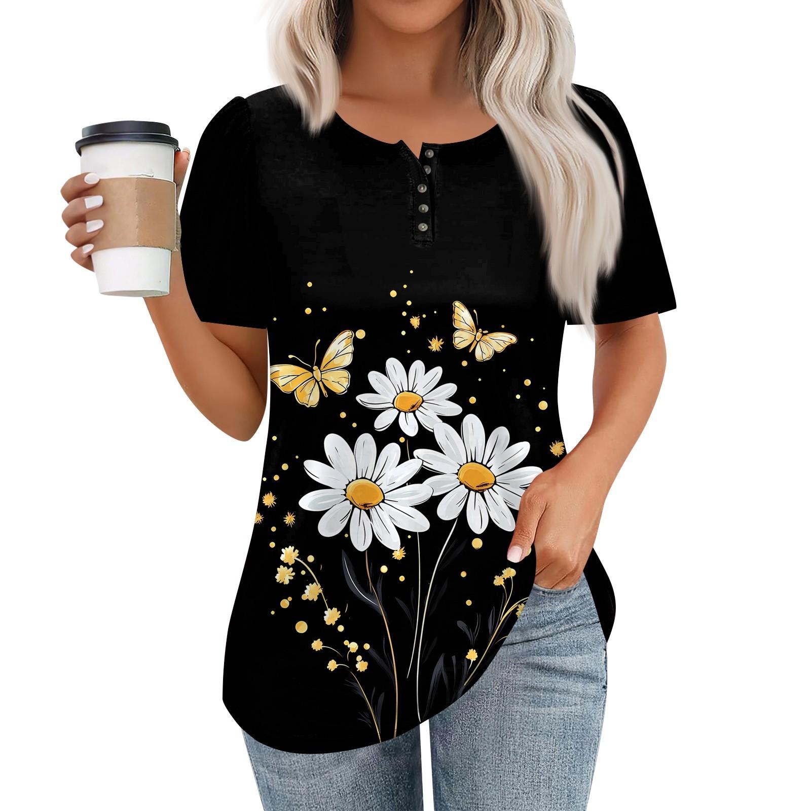 

Женский модный повседневный короткий рукав пуловер с принтом на пуговицах и круглым вырезом XL белый