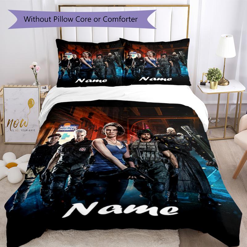 3pcs Custom Name Resident Evil Bedding Set Duvet Cover Closure Includes 1 Duvet Cover & 2 Pillowcases, Soft and Comfortable for All Seasons.