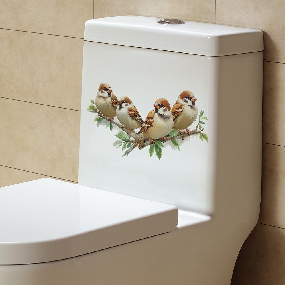 Cartoon Sparrow on a Branch Toilet Seat Sticker Bathroom Decor Removable Waterproof Decal