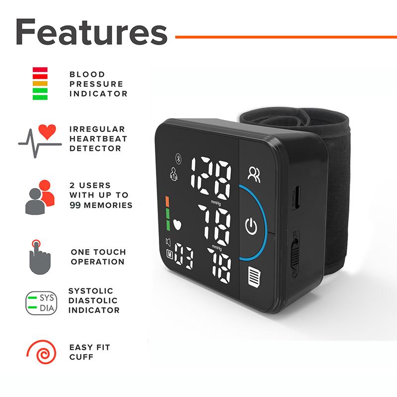 Präzises automatisches Handgelenk-Blutdruckmessgerät, Herzschlagdetektor, großes digitales Display, verstellbare Blutdruckmanschette