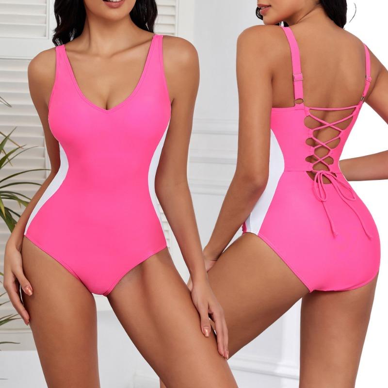 Women S One Piece Swimsuit Color Block Backless Tie Design Sexy Swimwear