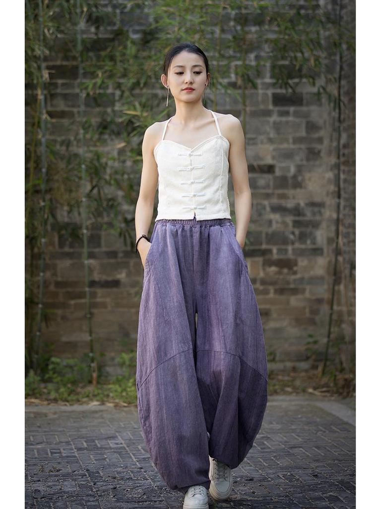 2025 Oryginalne Wysokiej Jakości Spodnie Casualowe Lantern Tie-Dye z Ramiączek - Luźne Szerokie Nogawki, Długie na Wiosnę/Lato