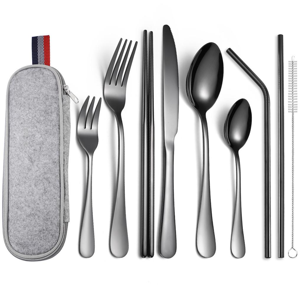 2026 Stainless Steel Portable Cutlery Set 9 Pcs Outdoor Camping Knives and Forks Spoons Chopsticks Straws