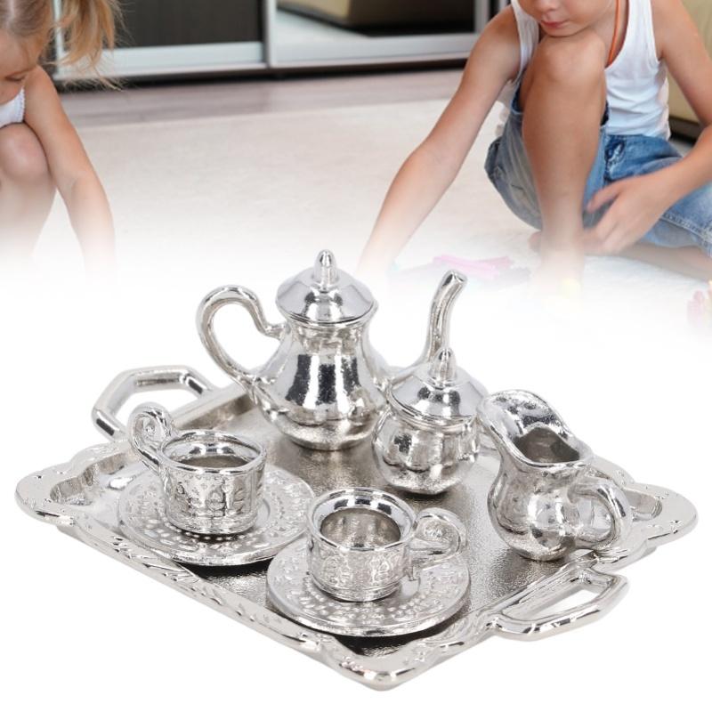 Mini Tea Set Metal 1/12 Scaled Simulation Lifelike Miniature Tea Cup Tray Kit For Dollhouse