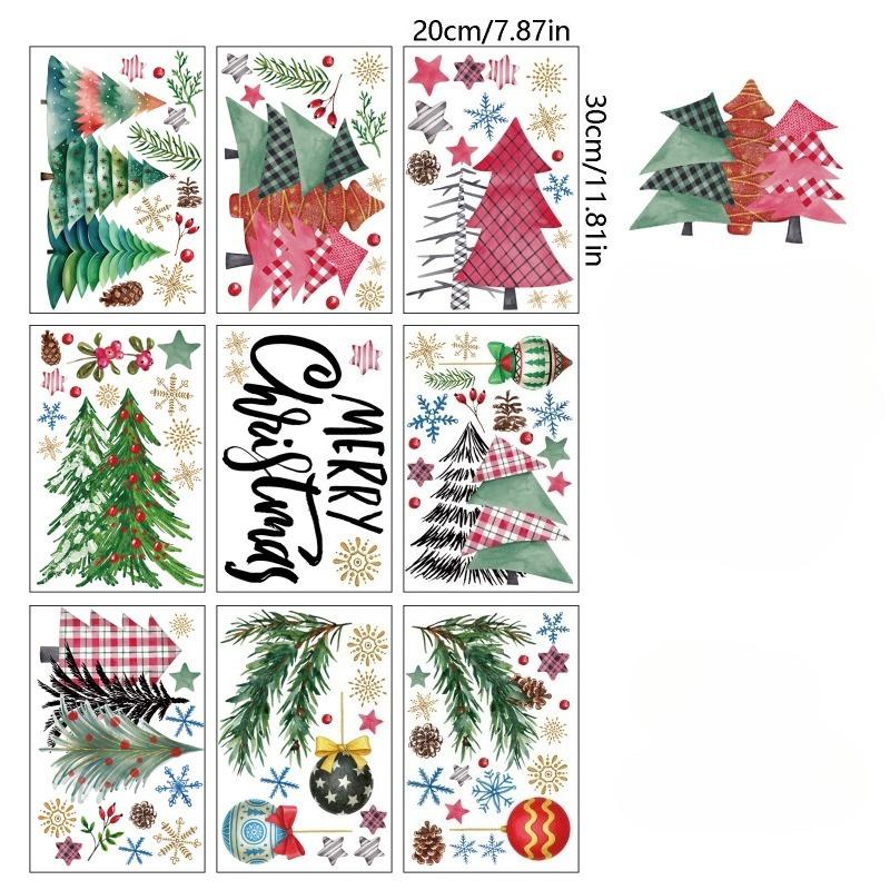 

9pcs Suit Christmas Decoration Watercolor Christmas Tree Static Window Stickers Glass Door Christmas Decor Self-adhesive Sticker