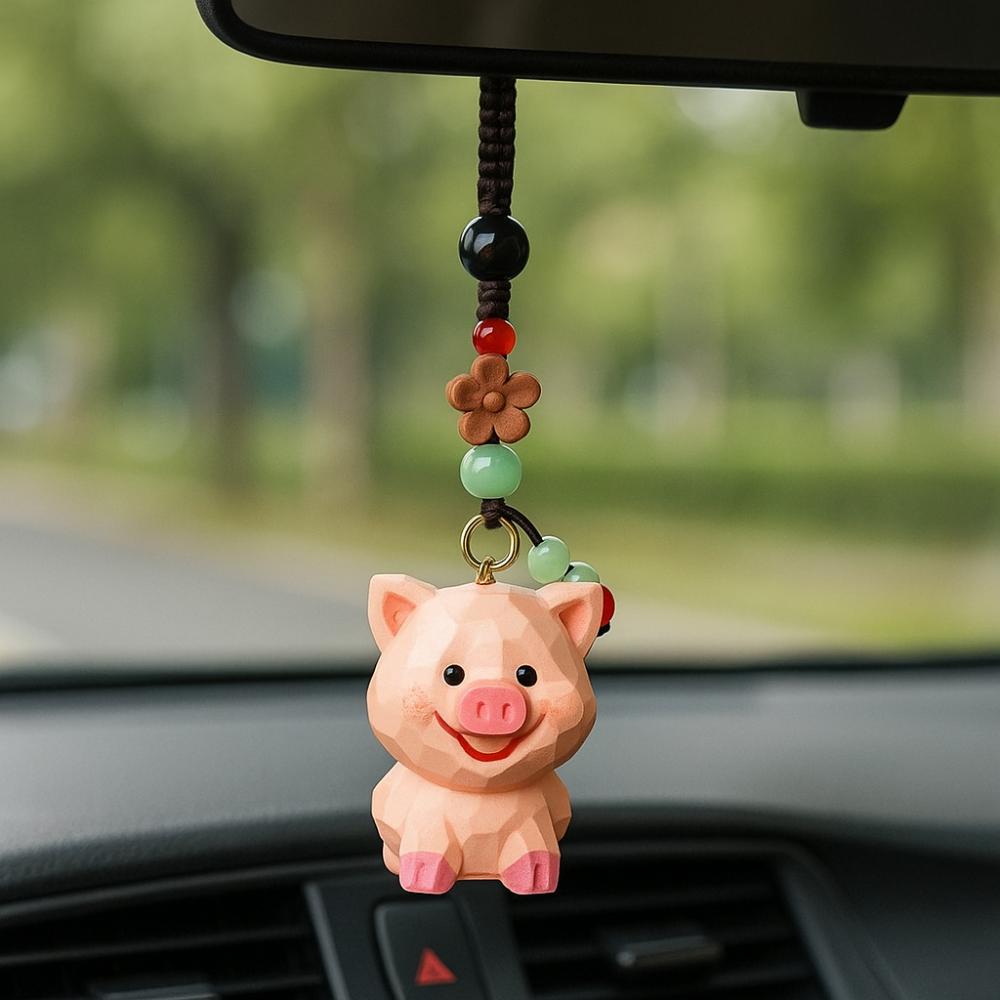 Beads Wooden Pig Keychain Weave Rope Car Keyring Creative Carved Pig Dolls Pendant Gifts