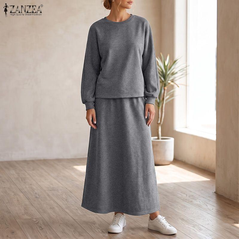 ZANZEA Damen Langarm Sweatshirts und Lange Röcke Herbst Zweiteilige Anzugsets