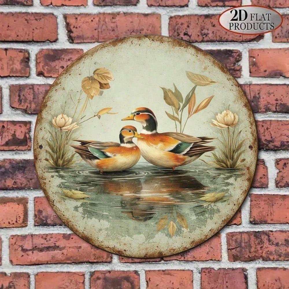 1pc 8x8in Retro Mandarin Duck Sign, Cute Waterfowl 2D Flat Round Plaque, Farmhouse Decor for Living Room Bedroom, Unique Home