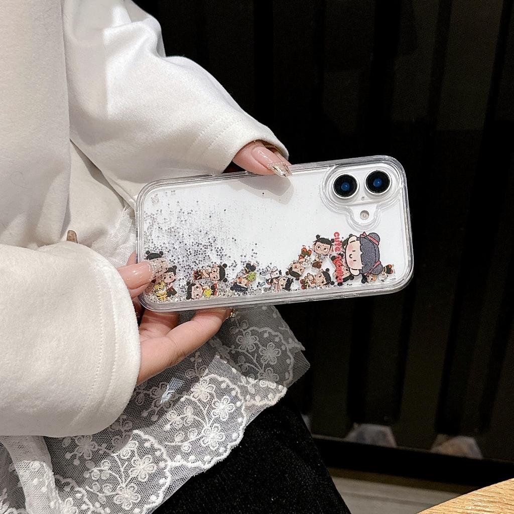 Applicable iPhone16Pro Quicksand Nezha Mobile Phone Case Internet Celebrity Cartoon Apple 15 Transparent Anti-drop 14 Protective Case