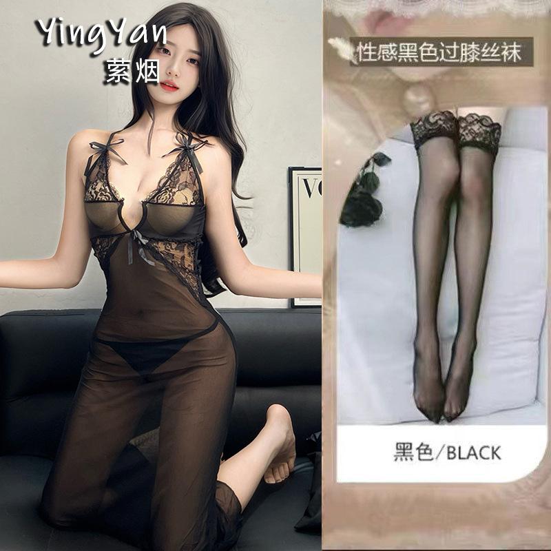 Smoke sexy underwear charm lace perspective mesh deep V-neck pajamas temperament bow suspenders nightgown uniform