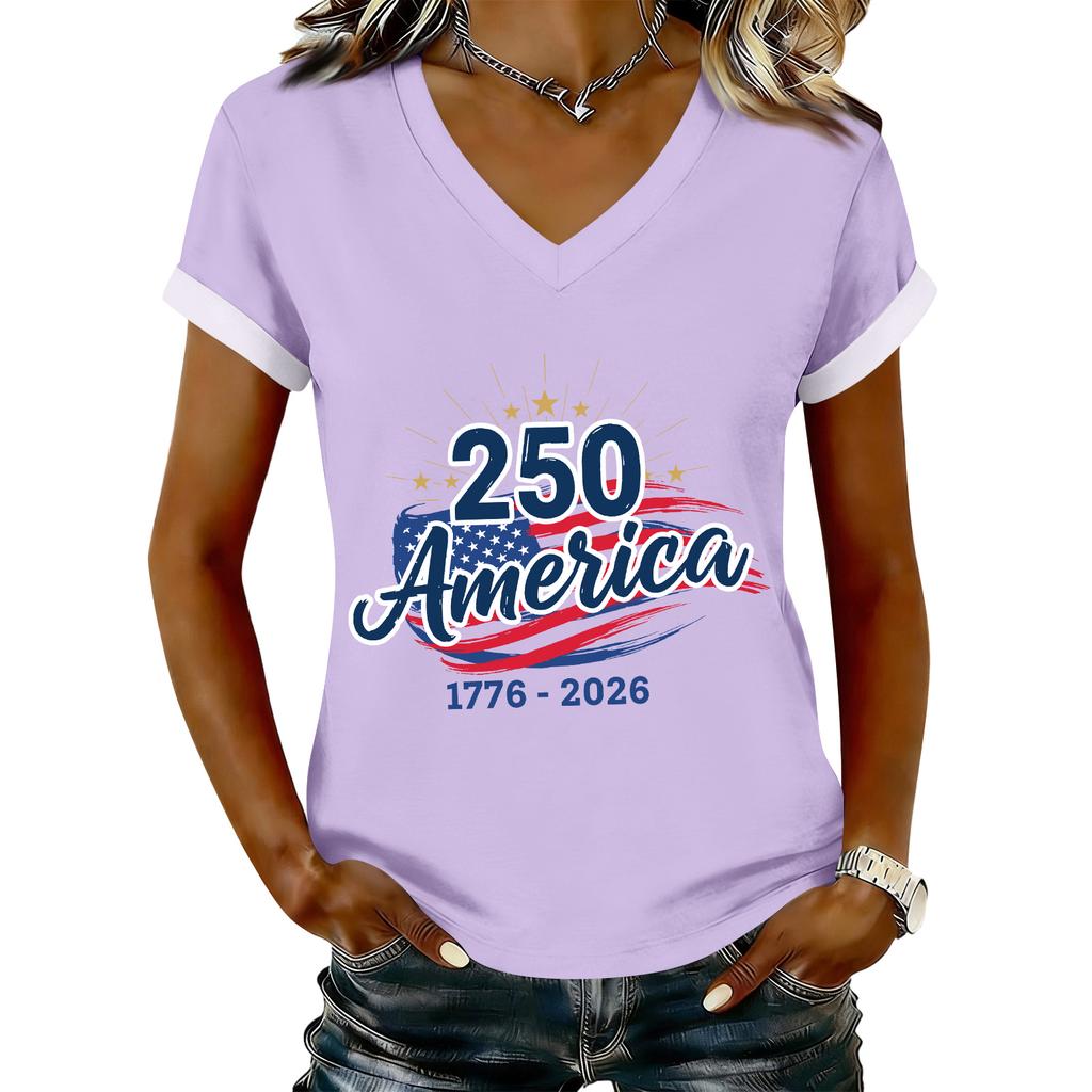 Women's Casual Printed T-Shirt V Neck Pullover Short Sleeve Top