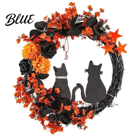 Halloween Store Decoration Lights Floral Garland with String Lights Black Cat Silhouette Door Wreath Wreath for Front Indoor Outdoor Wall