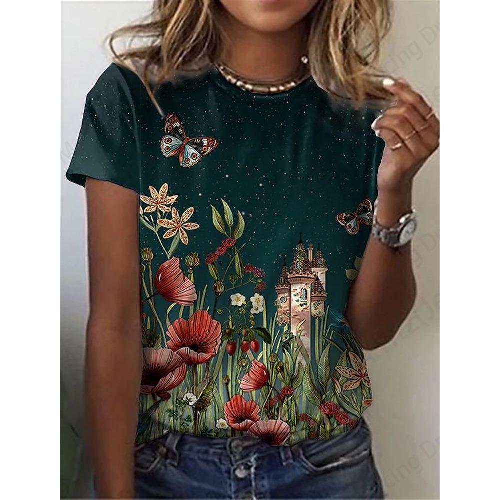 Women's 3d Tiger Print T-shirt, Round Neck Short Sleeve Casual T-shirt, Animal T-shirts, Floral T-shirts