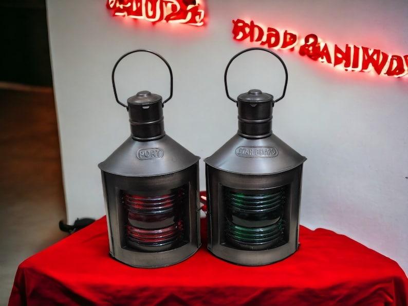 Nautical Boat Lanterns (Set of 2): Red & Green Fresnel Lens Oil Lamps