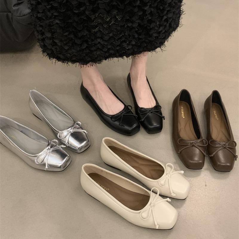 Fashion Women Flats French Square Toe Leather Single Shoes 2025New Casual Flats Elegant Bow Ballet Shoes for Women Loafers Zapatos Mujer