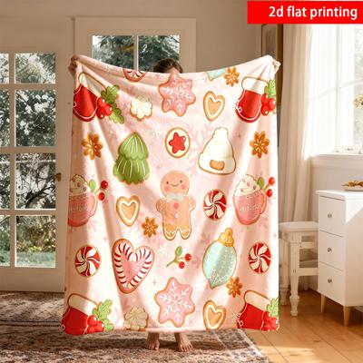 2D Flat Printing 1pc Pink Cartoon Gingerbread Man Flannel Blanket Candy Cookie Christmas Element Throw Single-Sided Printing Suita