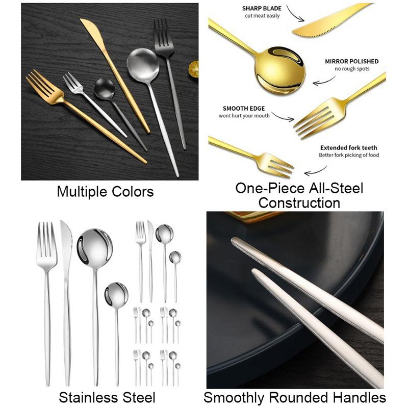 24Pcs Black Handle Gold Cutlery Set of Spoons and Forks, Stainless Steel Utensils for Daily and Festival Use Tea Spoon DCS006