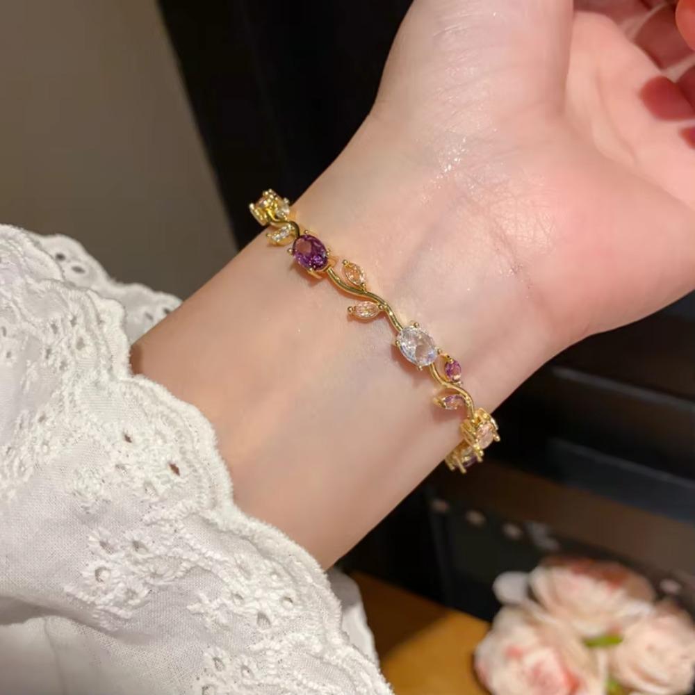 Luxury Sparkling Leaf Chain Gold Silver Color Crystal Sparkling Leaf Bracelets  Jewelry Gift