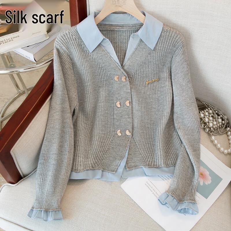 

Sibaishe Women s Faux Two-Piece Color-Block Lapel Knit Top L