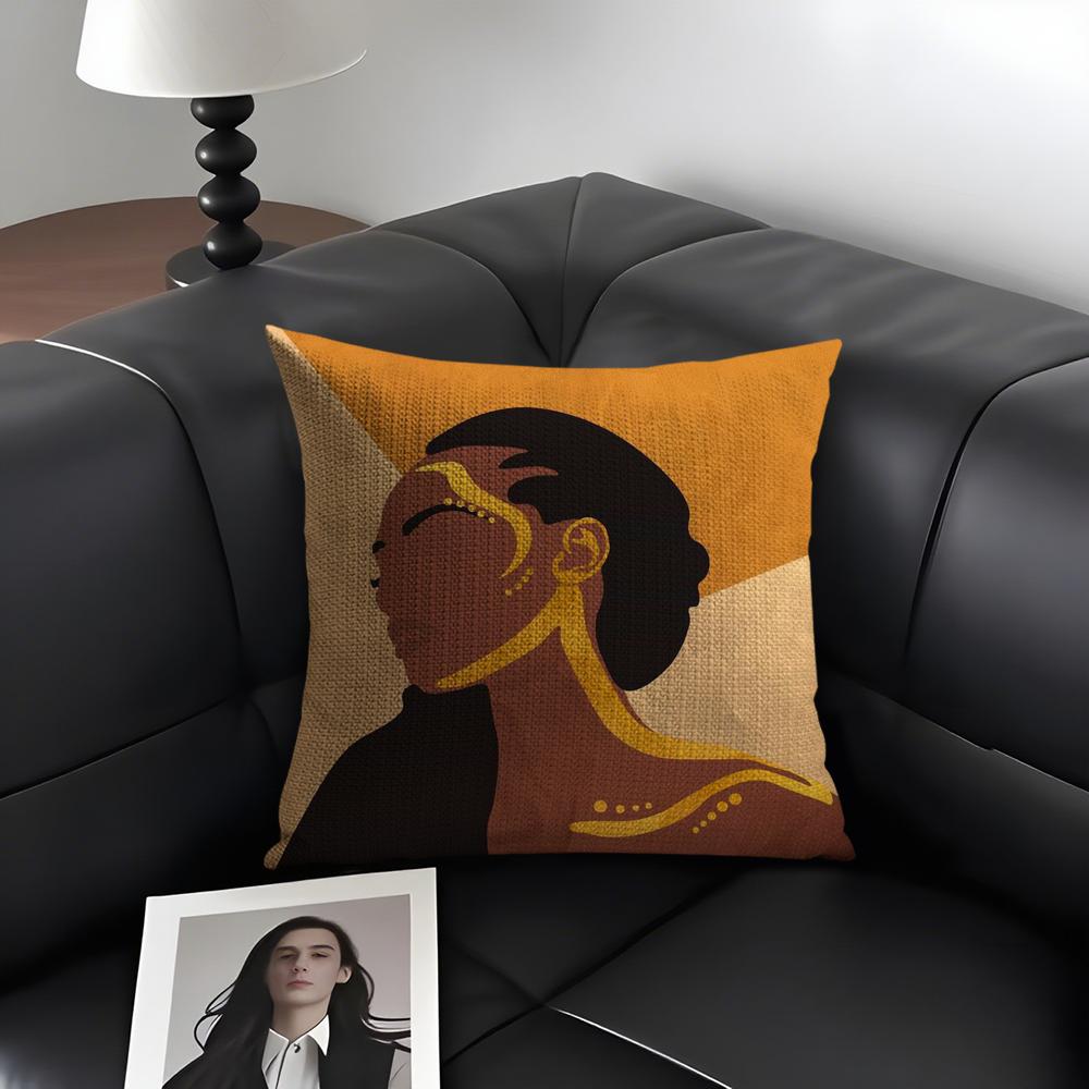 African Women Cushion Cover Natural Linen Organic Fabric Double-Sided Printing Sofa Home Decor Gift Pillow Case