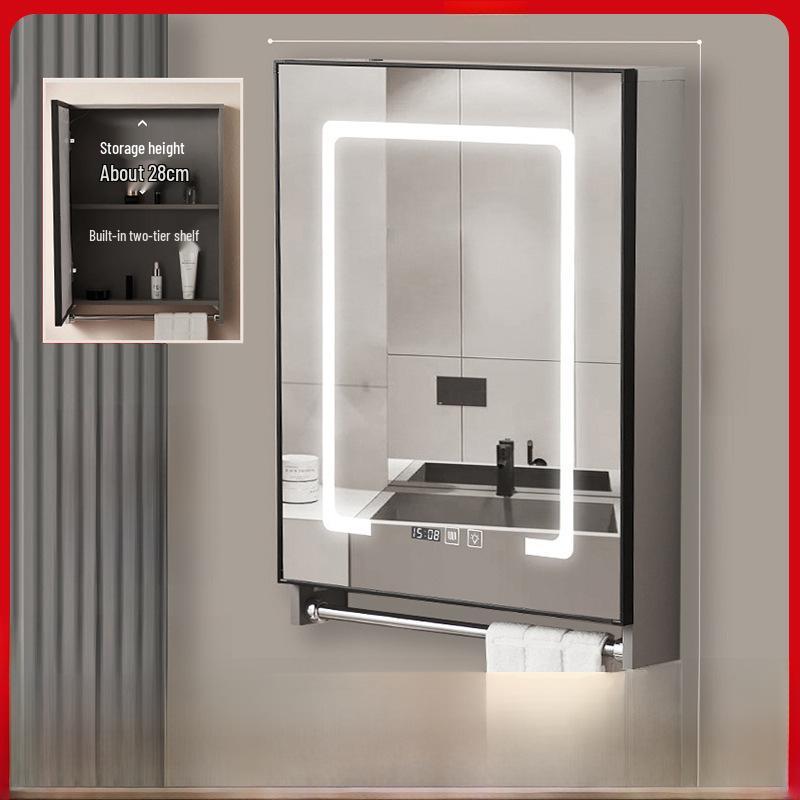 40cm x 50cm Space Aluminum Smart Mirror Cabinet with Lights & Defogging, Punch-Free Wall-Mounted for Small Bathrooms